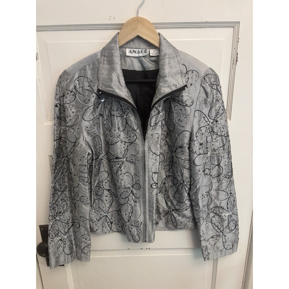 Anage Vintage 80s Women's Silver Silk Embroidered Beaded Sequin Jacket Size S‎
